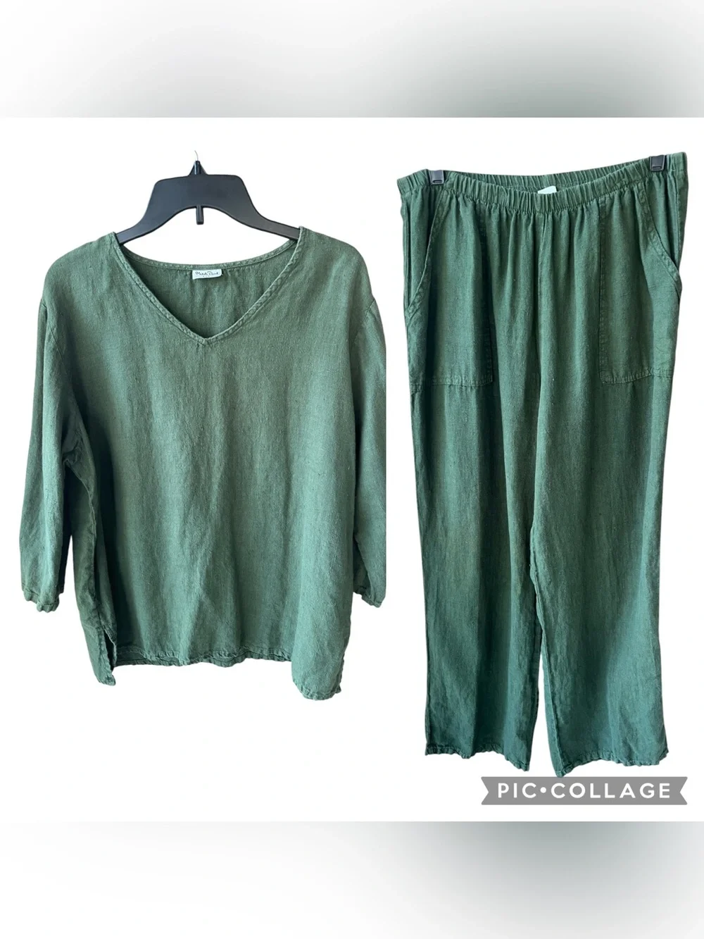 Match Point USA Sz M Olive Green Linen Set Top & Pull-on Pants